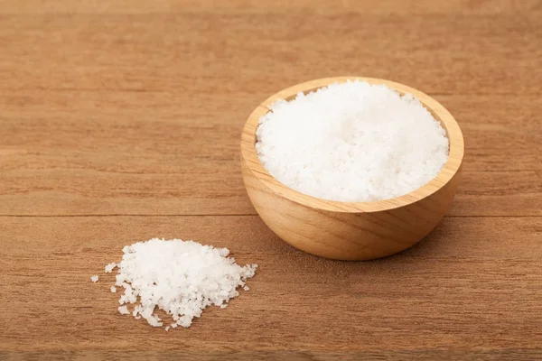 Sea salt in wooden bowl — Stock Photo, Image