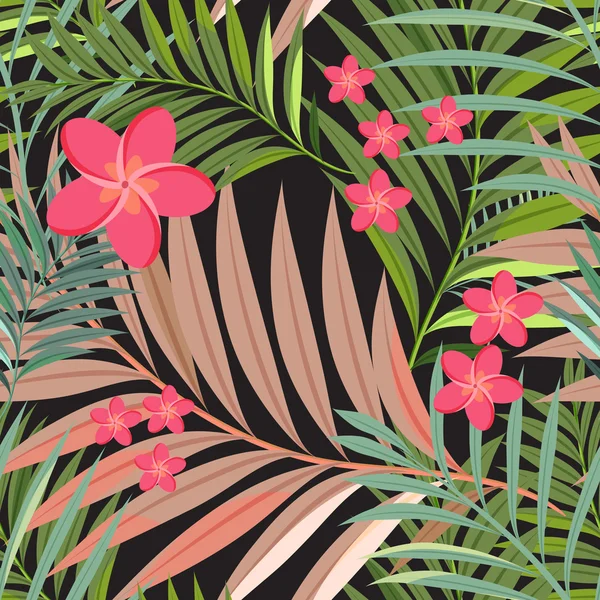 Warna bunga tropis, tanaman dan latar belakang pola daun - Stok Vektor