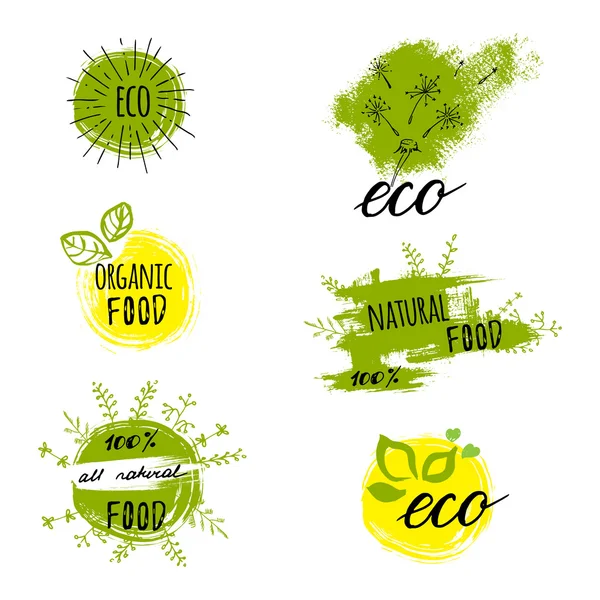 Retro-Stil-Etiketten für bio, bio, glutenfrei, ökologisch und gesund. Logovorlagen mit floralen und Vintage-Elementen für Speisen und Getränke, Cafés, Restaurants oder Verpackungen von Bioprodukten — Stockvektor