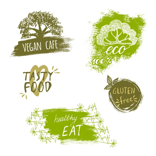 Retro stil uppsättning bio, ekologiskt, glutenfritt, eco, hälsosam mat etiketter. Logotyp mallar med blommig och vintage element för måltid och dryck, café, restauranger eller ekologiska produkter förpackning — Stock vektor
