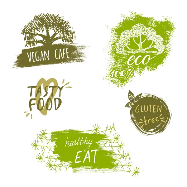 Ensemble de style rétro d'étiquettes bio, bio, sans gluten, éco, d'aliments sains. Modèles de logo avec des éléments floraux et vintage pour les repas et boissons, café, restaurants ou emballages de produits biologiques — Image vectorielle