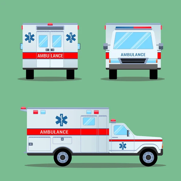 Icône d'urgence d'ambulance. arrière, avant, vue latérale . — Image vectorielle