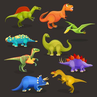 Various dinosaurs set of Jurassic period. Funny cartoon creatures clipart