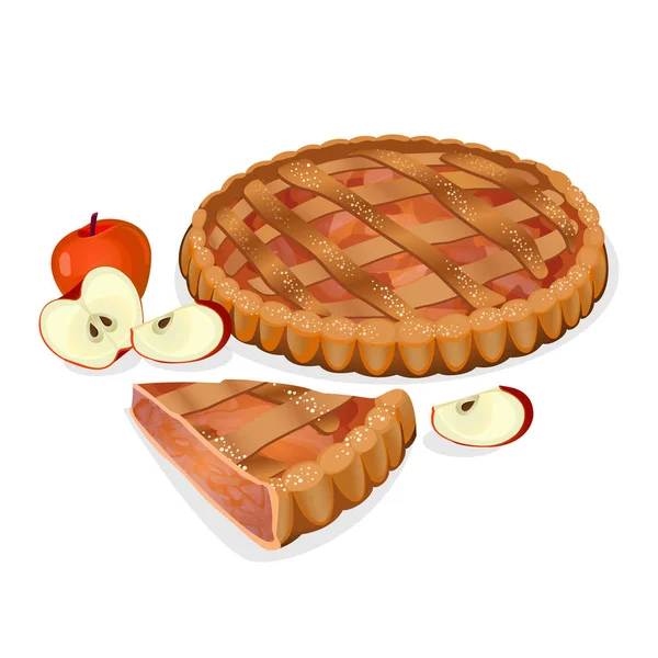 Яблочный пирог с фруктами, нарезанный ломтик изолирован. Традиционный домашний вкусный торт . — стоковый вектор