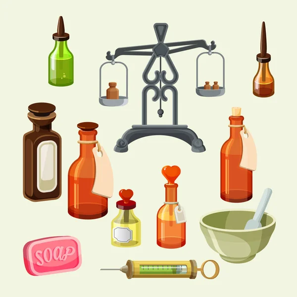 Conjunto de elementos farmacéuticos del boticario. Frascos realistas para aceites esenciales — Vector de stock