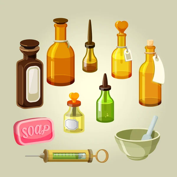 Botellas vacías, frascos, pociones y gotas conjunto de vectores. Medicamentos de laboratorio — Vector de stock