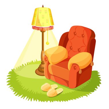 Rahat koltuk yastıkları, sarı torchere, ile yuvarlak çim Tekstil halı