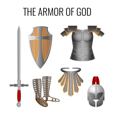 Armor of God elements set isolated on white. Vector clipart