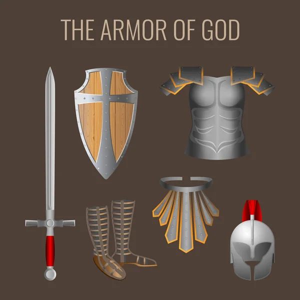 Longa espada de espírito, escudo de prontidão, armadura capacete de salvação, bafo —  Vetores de Stock