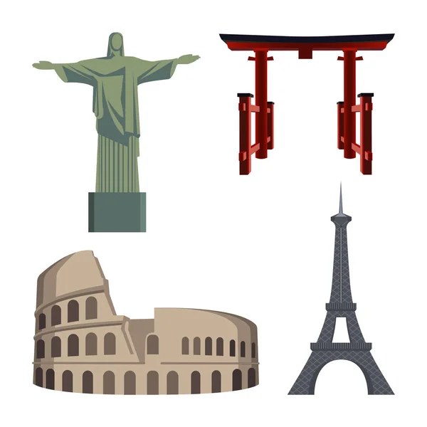 Estátua de Cristo, Coliseu, Torre Eiffel, Portal ou portão Tori — Vetor de Stock