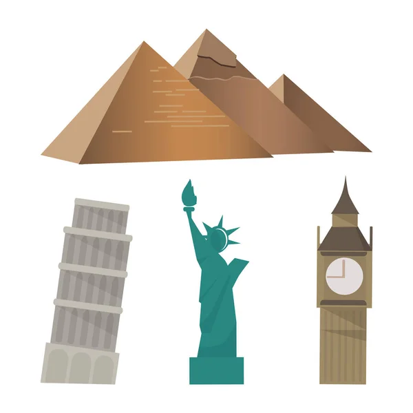 Pirâmide, Torre de Pisa, Estátua da Liberdade, Big Ben sightseeing set — Vetor de Stock