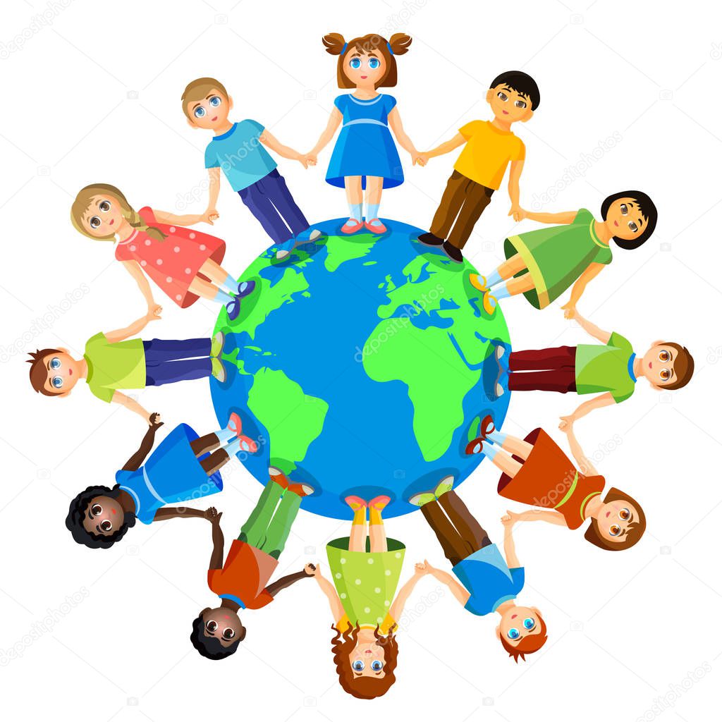 Different children standing around earth planet. Friendship and international relationships