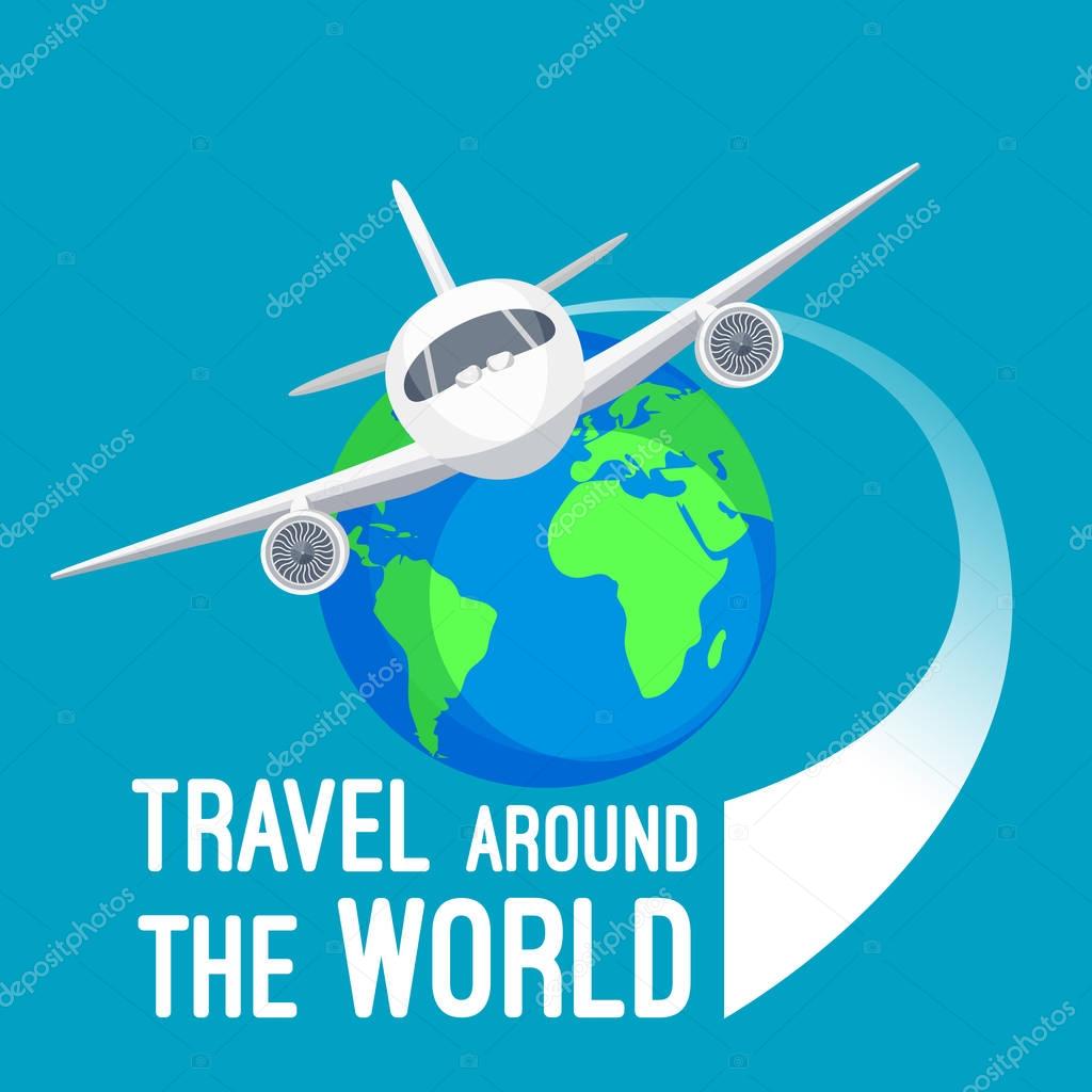 Travel around the world by fast means of transportation logotype design. Vector cartoon illustration of white flying airplane near colourful sign of earth globe planet with text in flat design.