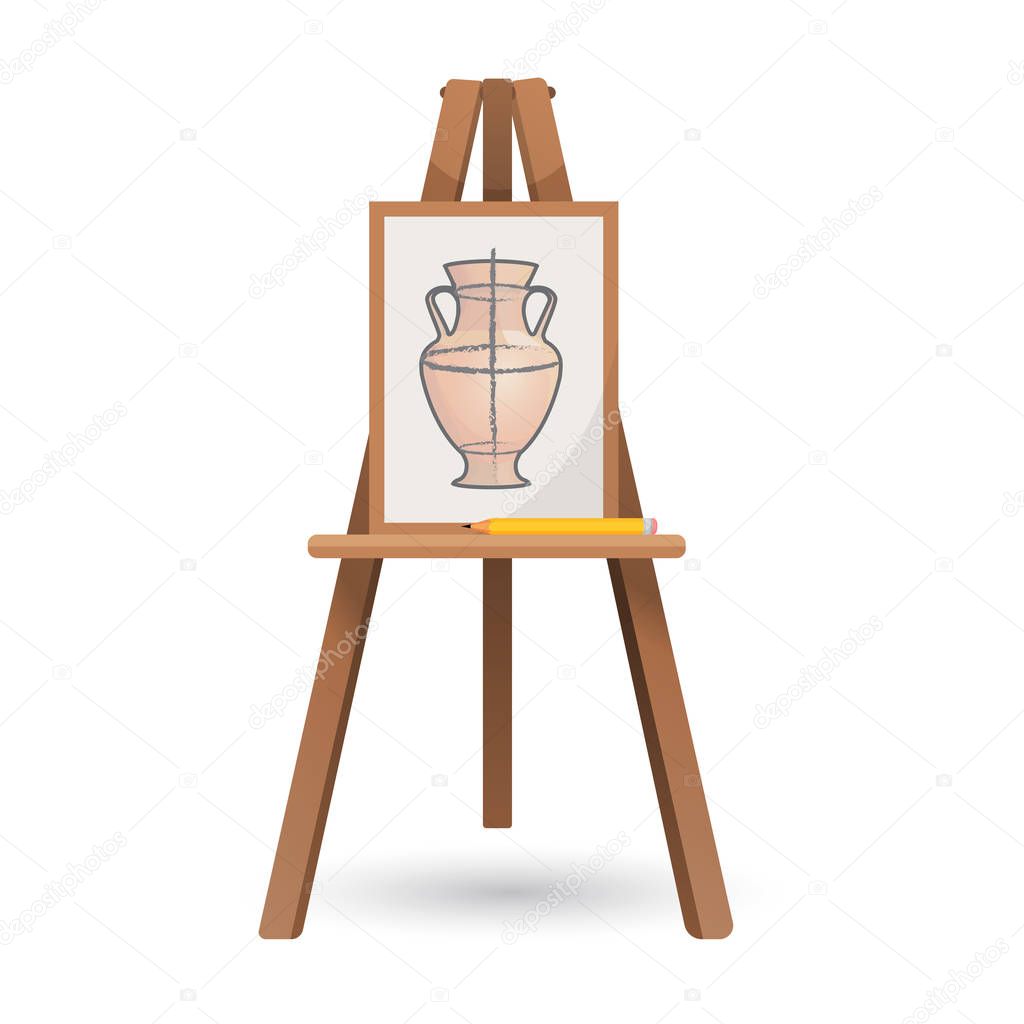 Vector illustration of unfinished vase on isolated wooden easel