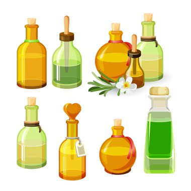 Beyaz arka plan üzerinde izole aroma yağları ile renkli şişe. Vektör