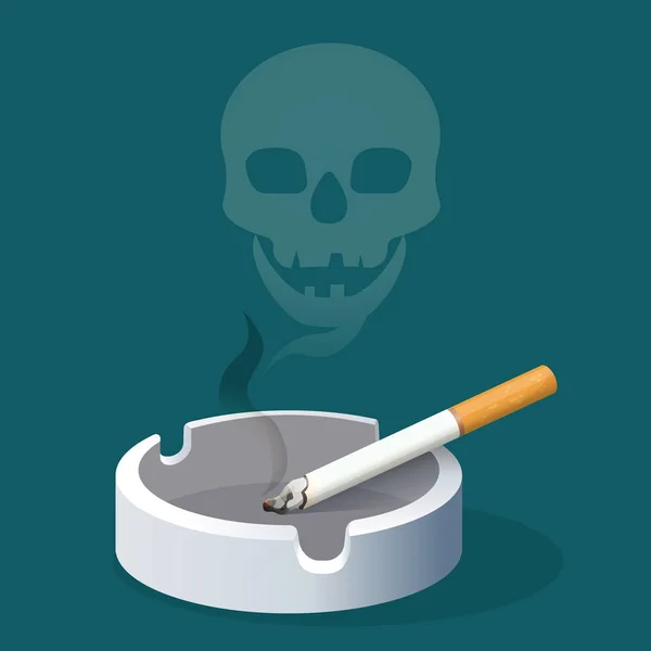 Ashtray with cigarette and skull made of smoke. Smoking — Stock Vector