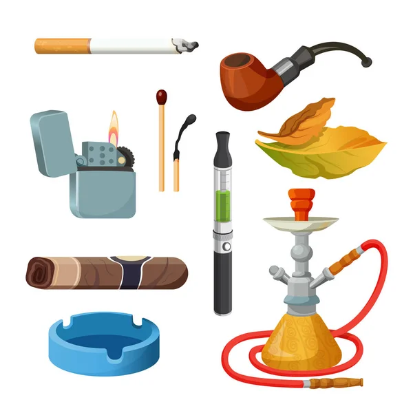 Cigarrillos, puros, narguile, hojas de tabaco, pipa ceremonial, encendedor y cenicero . — Vector de stock