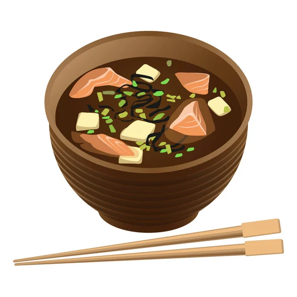 Soep van de Japanse traditionele gerechten met zalm en tofu in kom — Stockvector