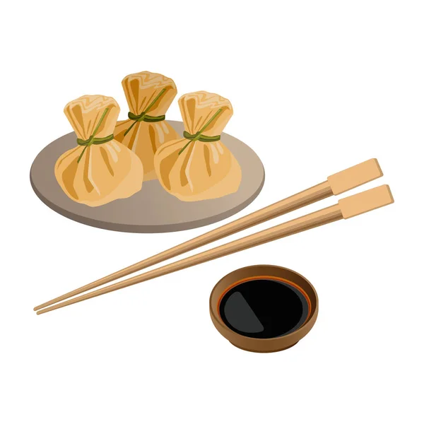 Três wontons em prato e molho de soja com paus para sushi perto . — Vetor de Stock