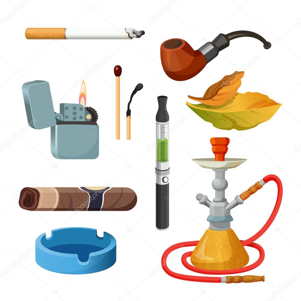 Cigarettes, cigars, hookahs, tobacco leaves, ceremonial pipe, lighter and ashtray.