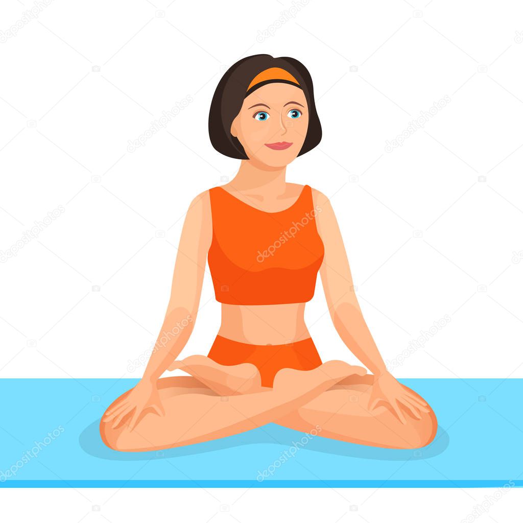 Young girl sitting in lotus posture practices yoga. Vector illustration