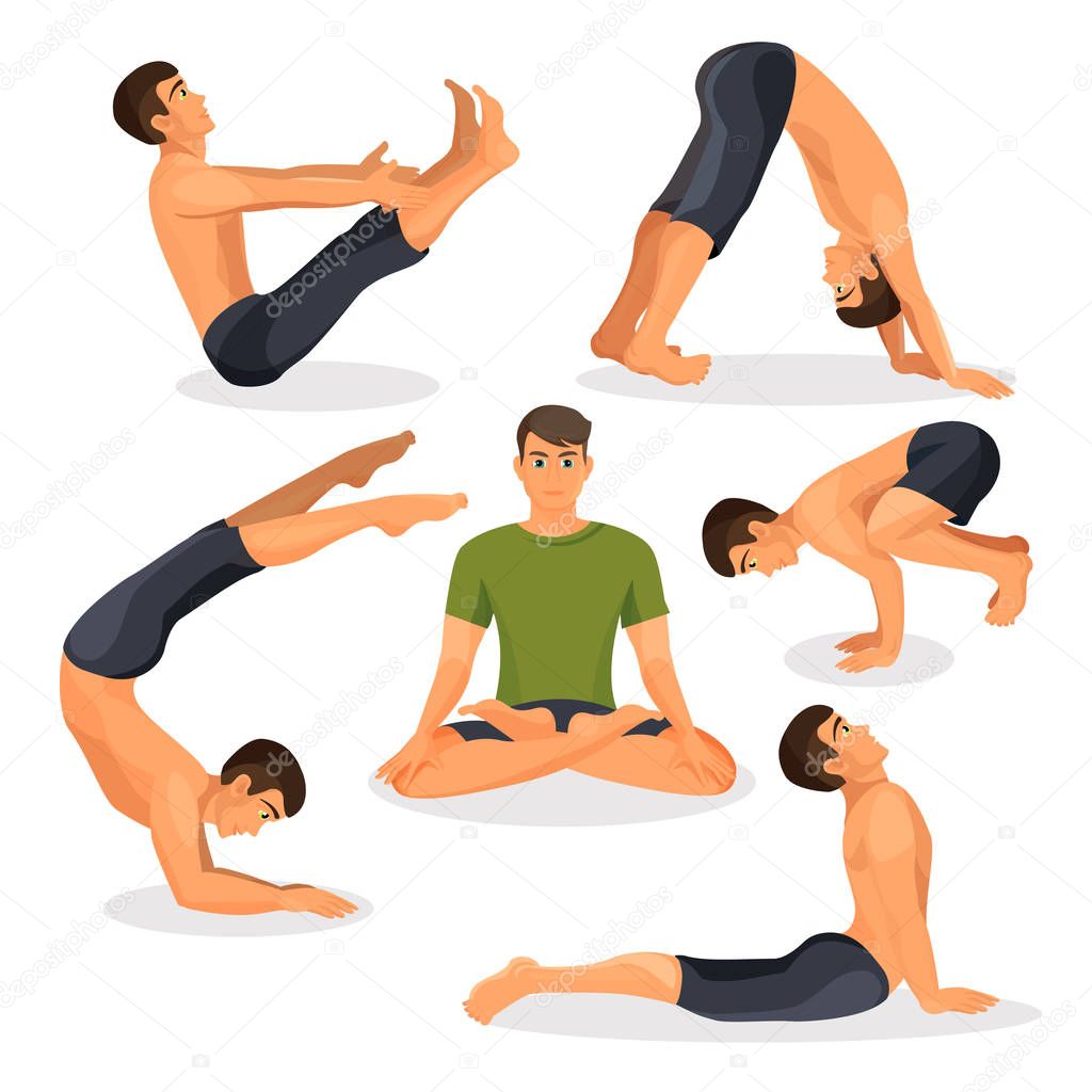 Collection of yoga poses with lotos in centre on white, bakasana position