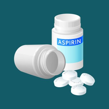 Aspirin hapı şişe vektör çizim. Tıp çare plastik kap içinde