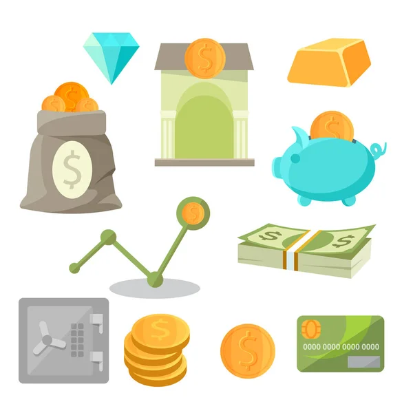 Business asset money investment icons set diamonds, gold, piggy, safe — Stock Vector