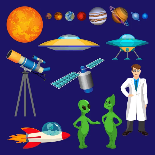 Conjunto de planetas, científico, cohete volador, alienígenas hablantes, vector de telescopio — Vector de stock