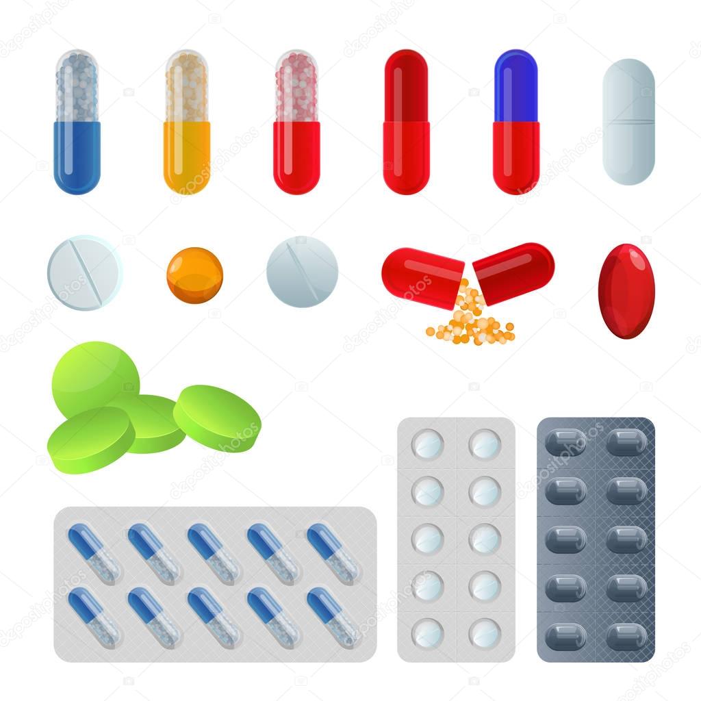 Set of vector pill capsules. Tablets in blisters painkillers antibiotics