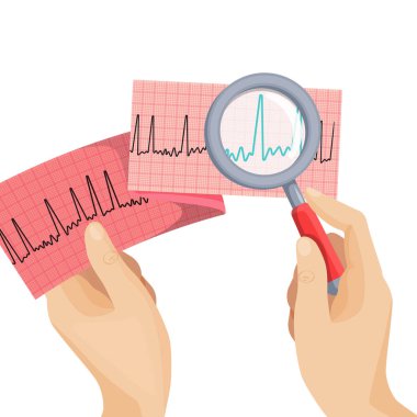 Look at atrial fibrillation through magnifying glass held by hand clipart