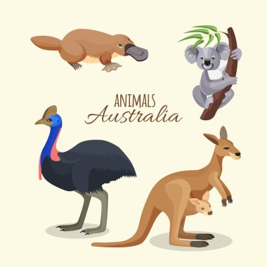 Avustralya hayvan koleksiyonu kahverengi, gri kanguru Koala ve duckbilled
