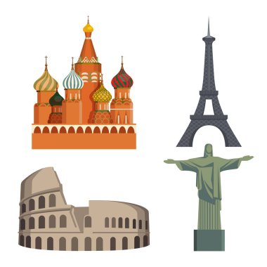 Worlds attractions Kremlin, Eiffel tower, Italian Coliseum, Statue of Christ