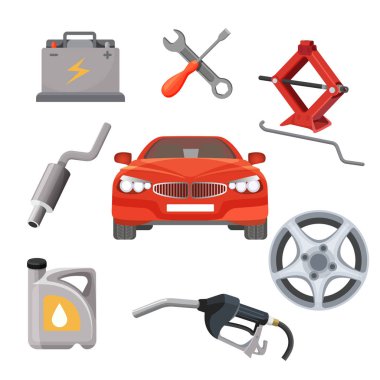 Araba Servis seti. Kırmızı Otomobil ve çevresinde çalışma donanımları. Vektör