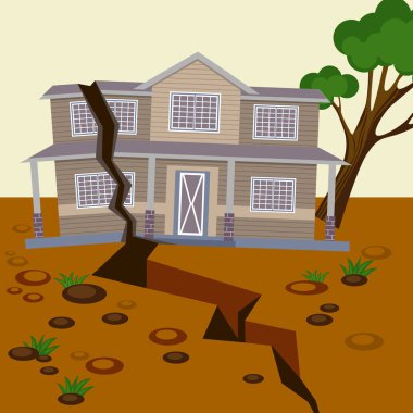 Earthquake damaged house and ground splitted in two parts clipart