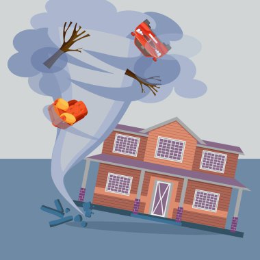 Tornado twisted cottage house, trees, car and pieces of furniture. clipart