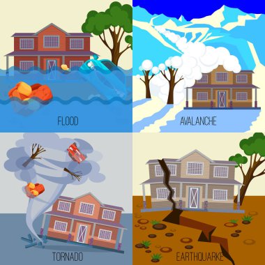 Set of natural disasters banners tornado, earthquake, avalanche, flood clipart