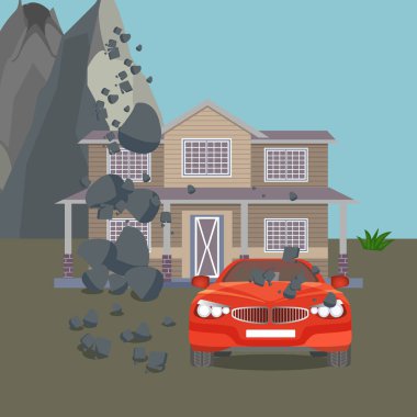Flood realistic natural disaster vector illustration. Cottage house, car, trees clipart