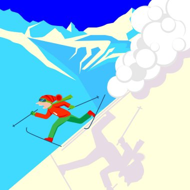 Dağlarda kar çığ kaçan adam. Snowslide veya snowslip