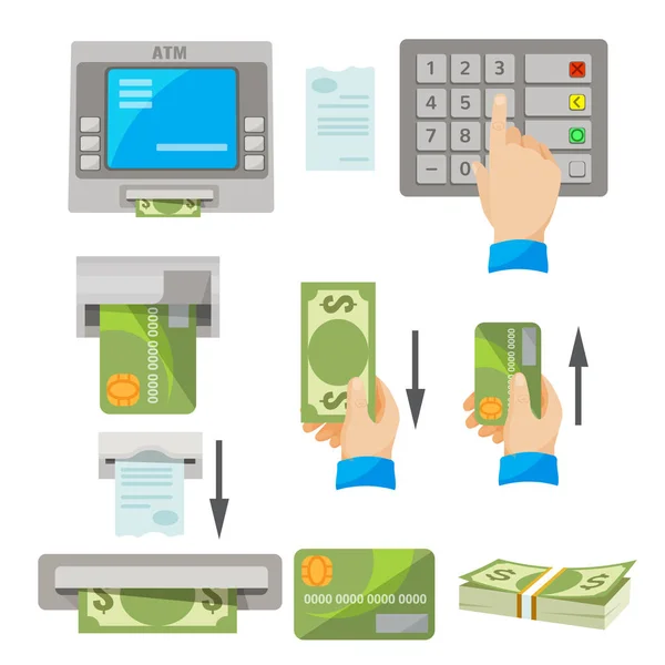 Nutzungskonzept für Geldautomaten mit Geld und Kreditkarte — Stockvektor