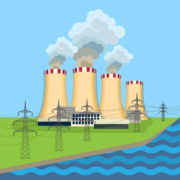 Pracovní jaderné elektrárny nedaleko věže podél tekoucí řeky — Stockový vektor
