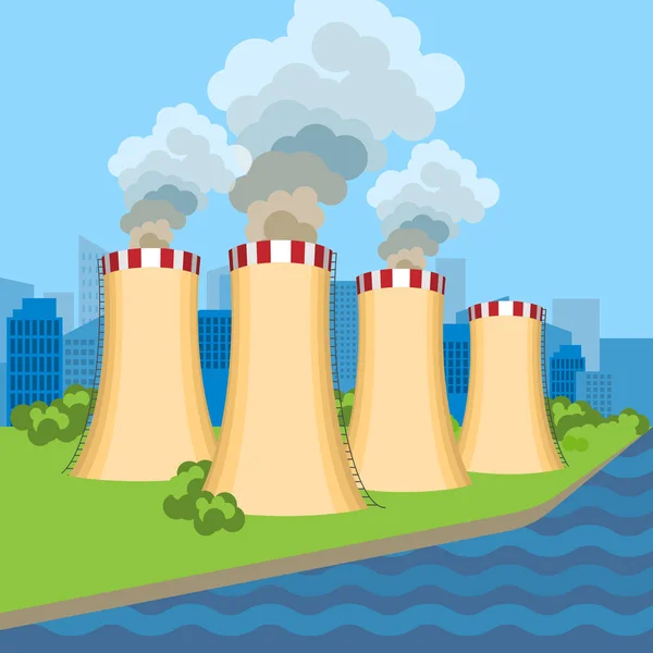 Centrale nucléaire en activité près de la tour située le long d'une rivière en mouvement — Image vectorielle