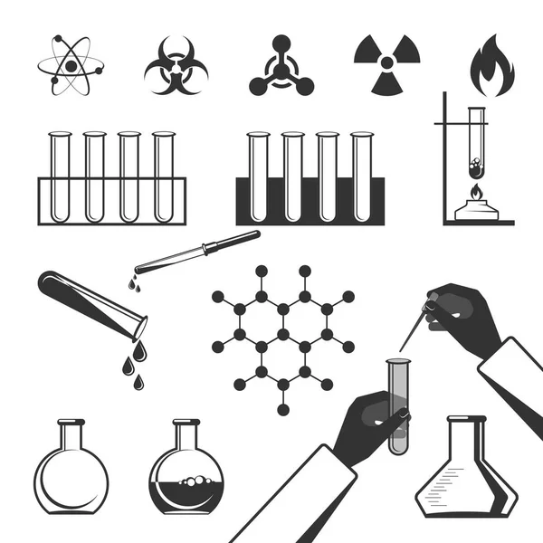 Elementos moleculares y colección de iconos negros de tubo de ensayo en blanco — Vector de stock