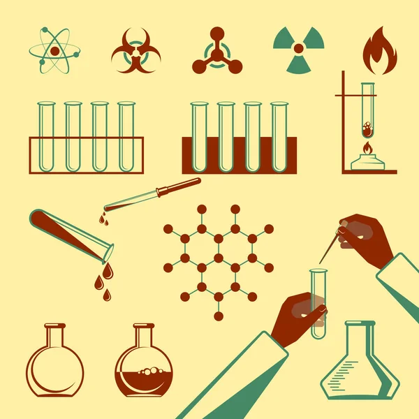 Elementos moleculares y colección de iconos negros de tubo de ensayo en blanco — Vector de stock