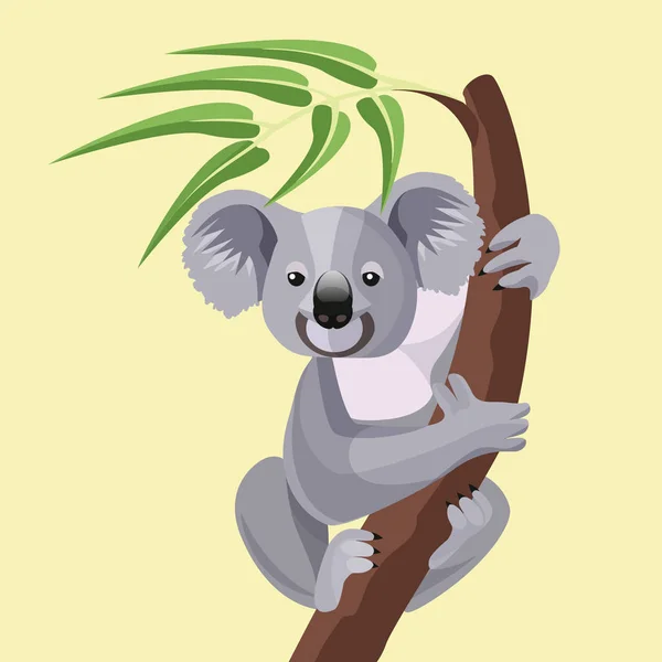 Oso koala gris aislado en rama de madera con hojas verdes — Vector de stock