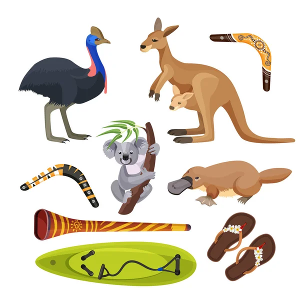 Símbolos da Austrália isolados. Koala, canguru, prancha de surf, boomerang, avestruz, ornitorrinco, didgeridoo — Vetor de Stock