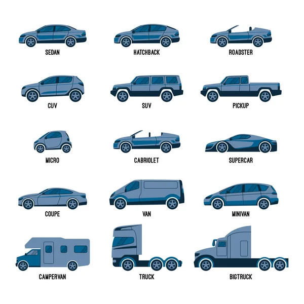 Conjunto de automóveis isolado. Modelos de carro de diferentes tamanhos ou capacidades —  Vetores de Stock