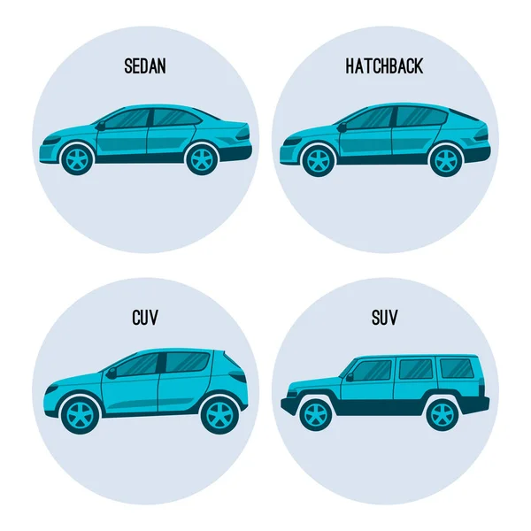 Sedan Saloon automóveis de passageiros, hatchback, crossover e veículos utilitários desportivos —  Vetores de Stock