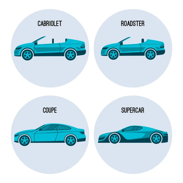 カブリオレの自動車、ロードスター クモ、クーペの twodoor 車とスーパーカーのベクトル — ストックベクタ