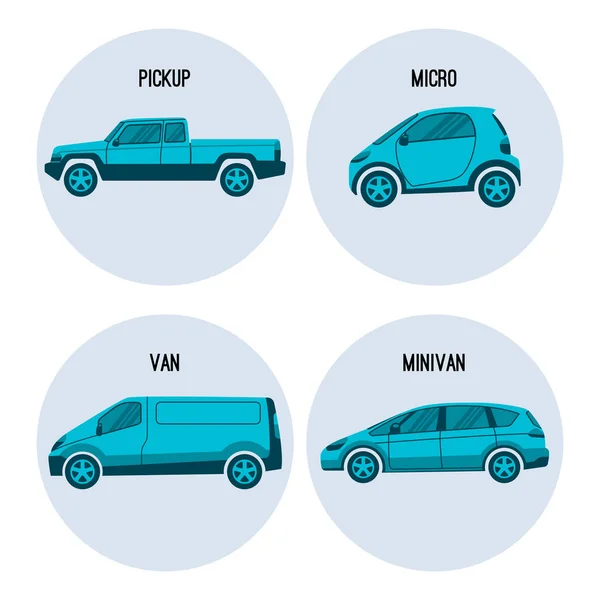 Pickup truck, Microcar, van road vehicle, minivan vettore automobilistico polivalente — Vettoriale Stock